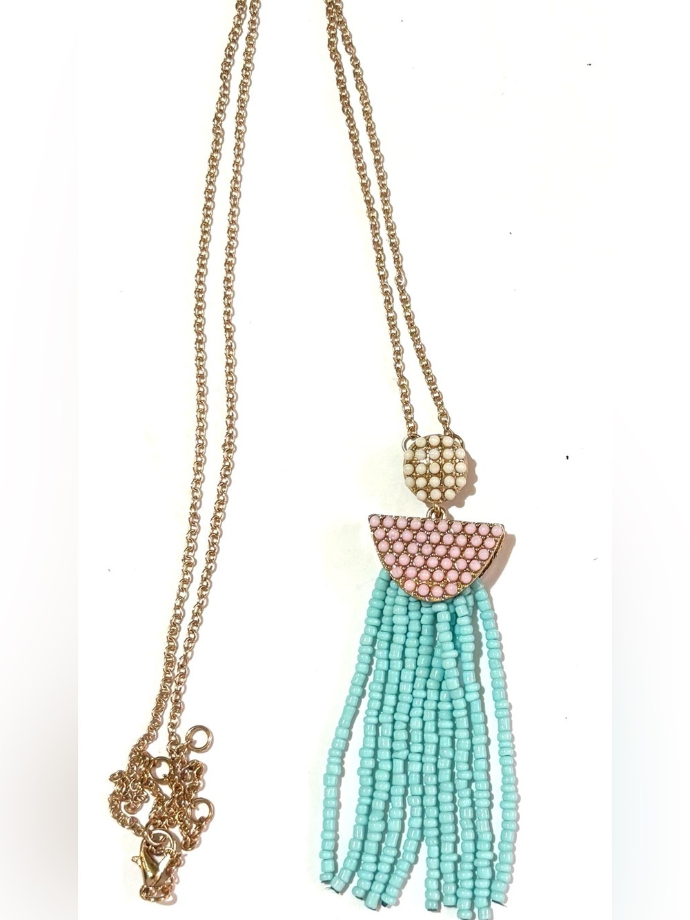 Gold-Tone Turquoise Beaded Tassel Necklace with Pink Accent